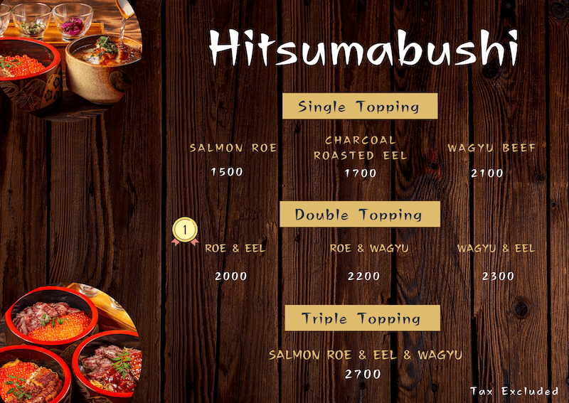 hitsumabushi, menu, salmon roe, wagyu, eel, Japanese dish